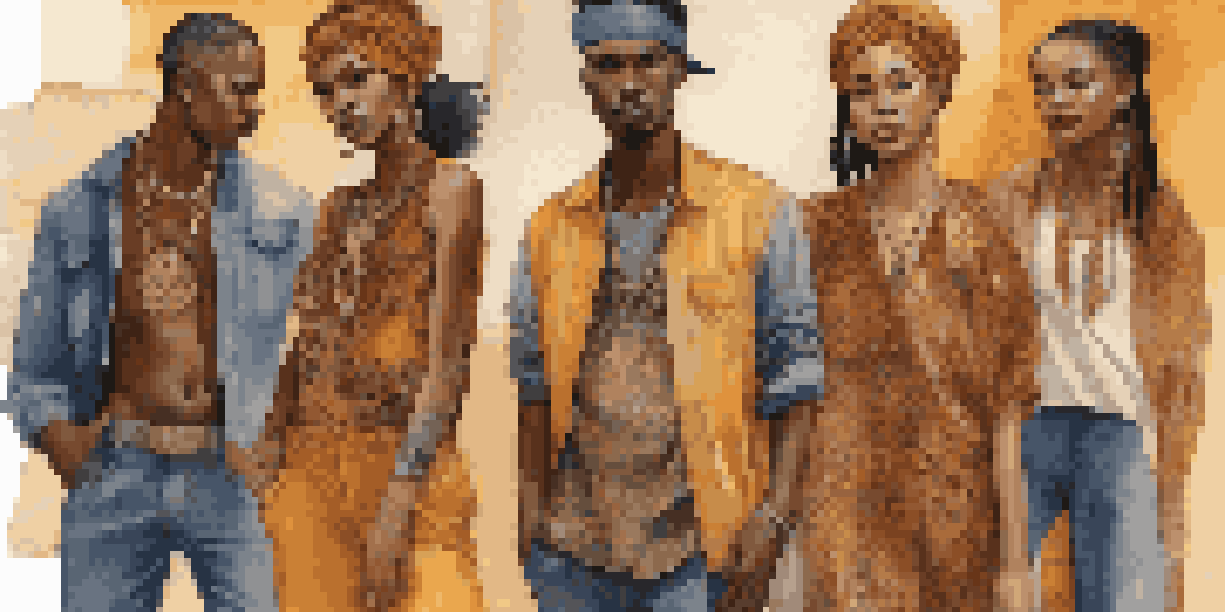A colorful street fashion scene with diverse individuals in culturally inspired outfits against a graffiti background, illuminated by a warm sunset.