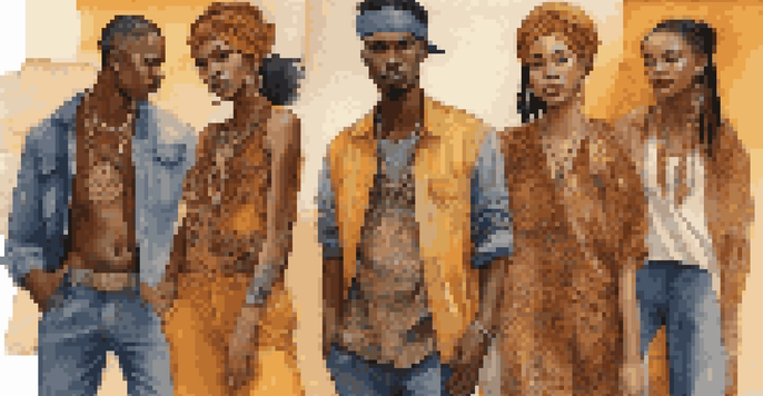 A colorful street fashion scene with diverse individuals in culturally inspired outfits against a graffiti background, illuminated by a warm sunset.