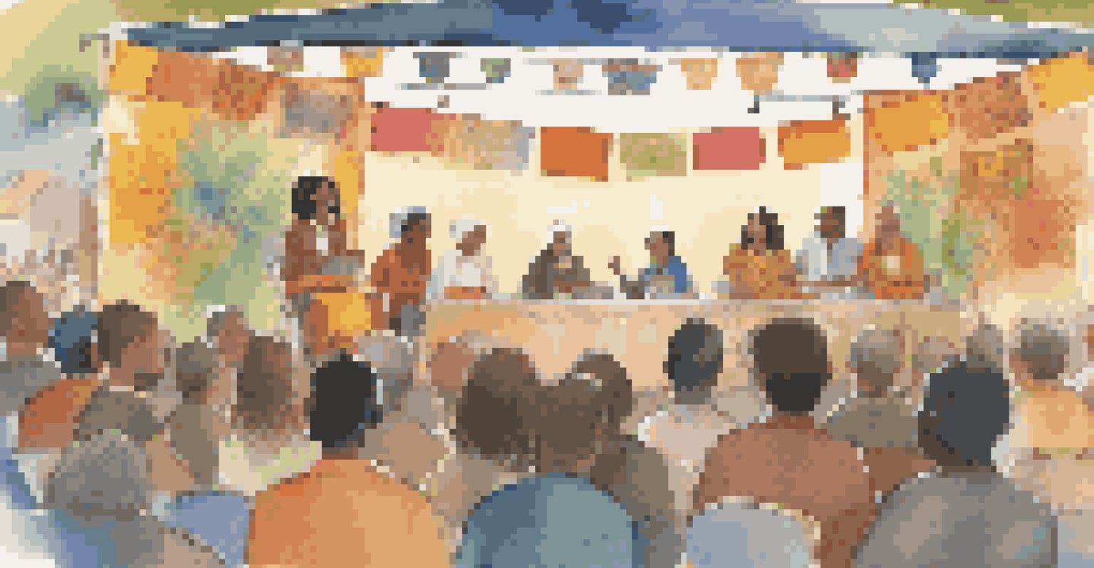 A vibrant literary festival with authors sharing their stories on stage, surrounded by an engaged audience and colorful cultural banners.