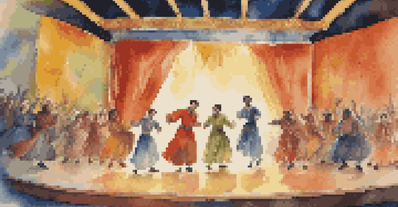 A theater performance depicting traditional folklore with actors on stage, vibrant colors, and dynamic lighting capturing the audience's attention.