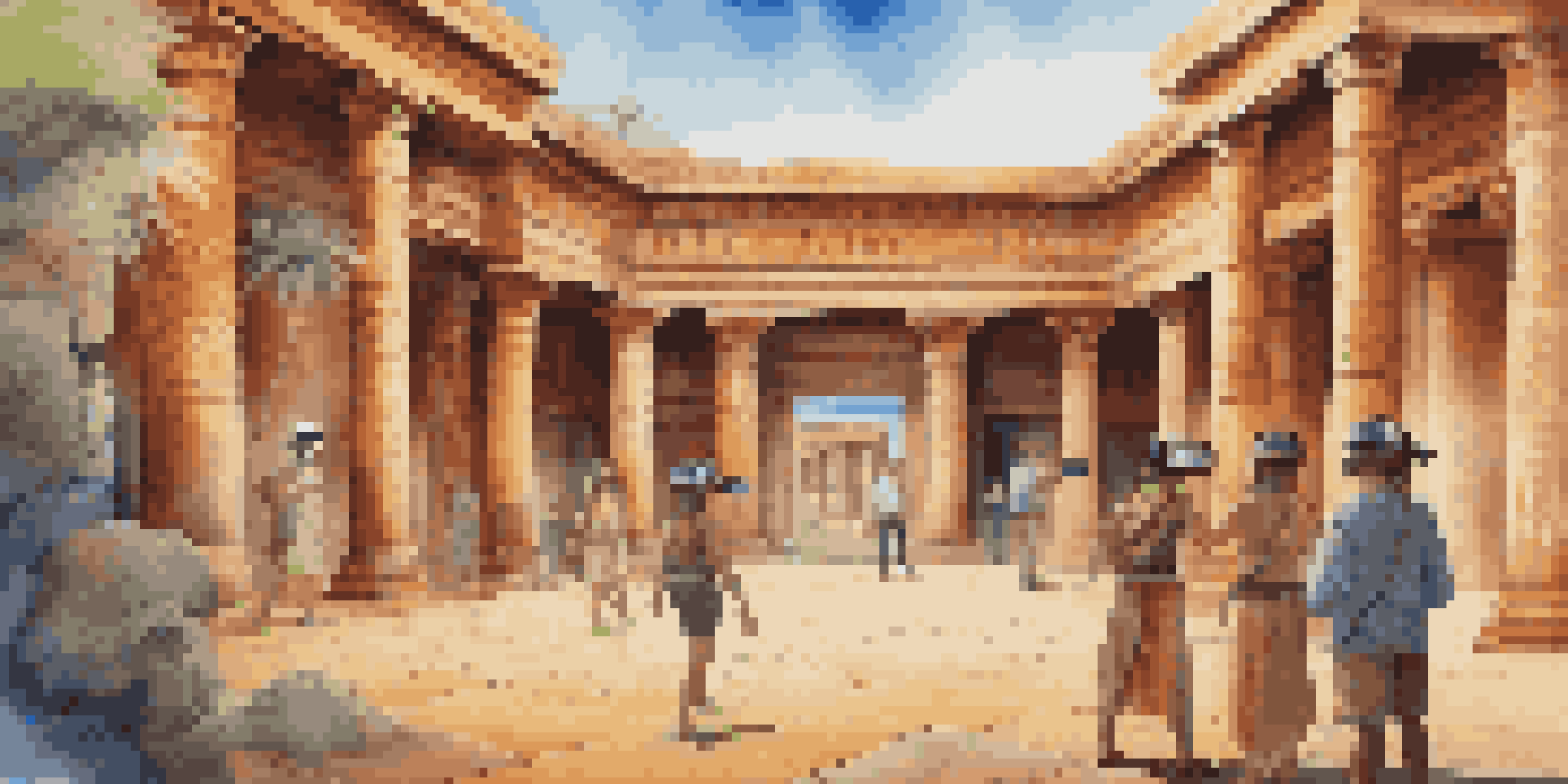 Visitors in a virtual reality museum wearing headsets, exploring a detailed ancient cultural site with realistic artifacts.
