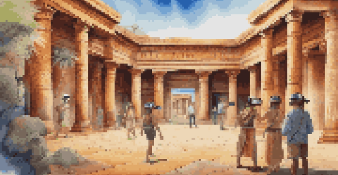 Visitors in a virtual reality museum wearing headsets, exploring a detailed ancient cultural site with realistic artifacts.