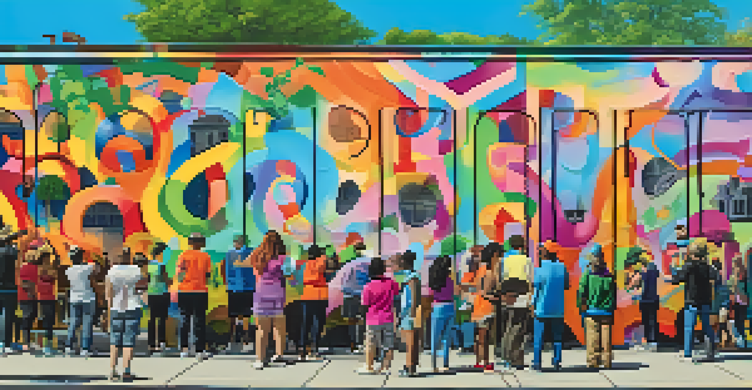 A community mural project featuring people painting a wall with vibrant mental health messages.