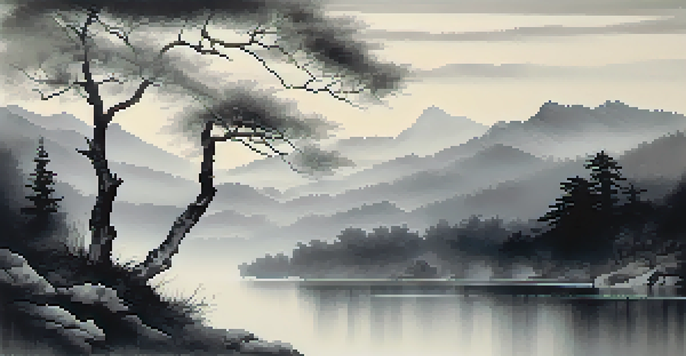 A peaceful ink wash artwork showing a tree branch in the foreground and misty mountains in the background, with soft gray tones.