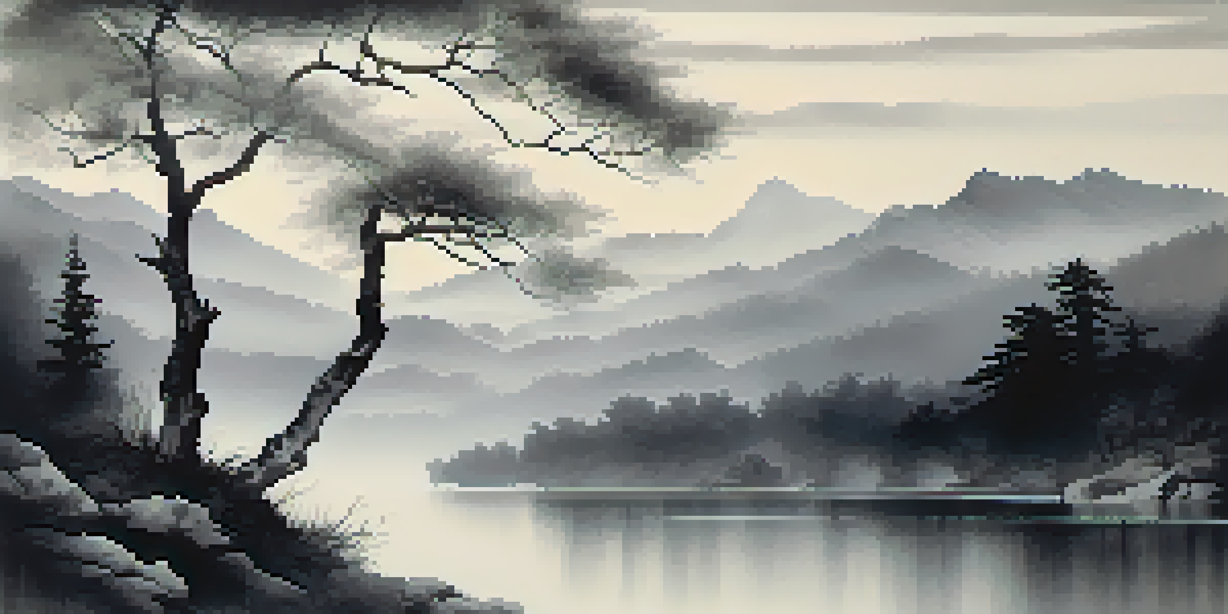 A peaceful ink wash artwork showing a tree branch in the foreground and misty mountains in the background, with soft gray tones.