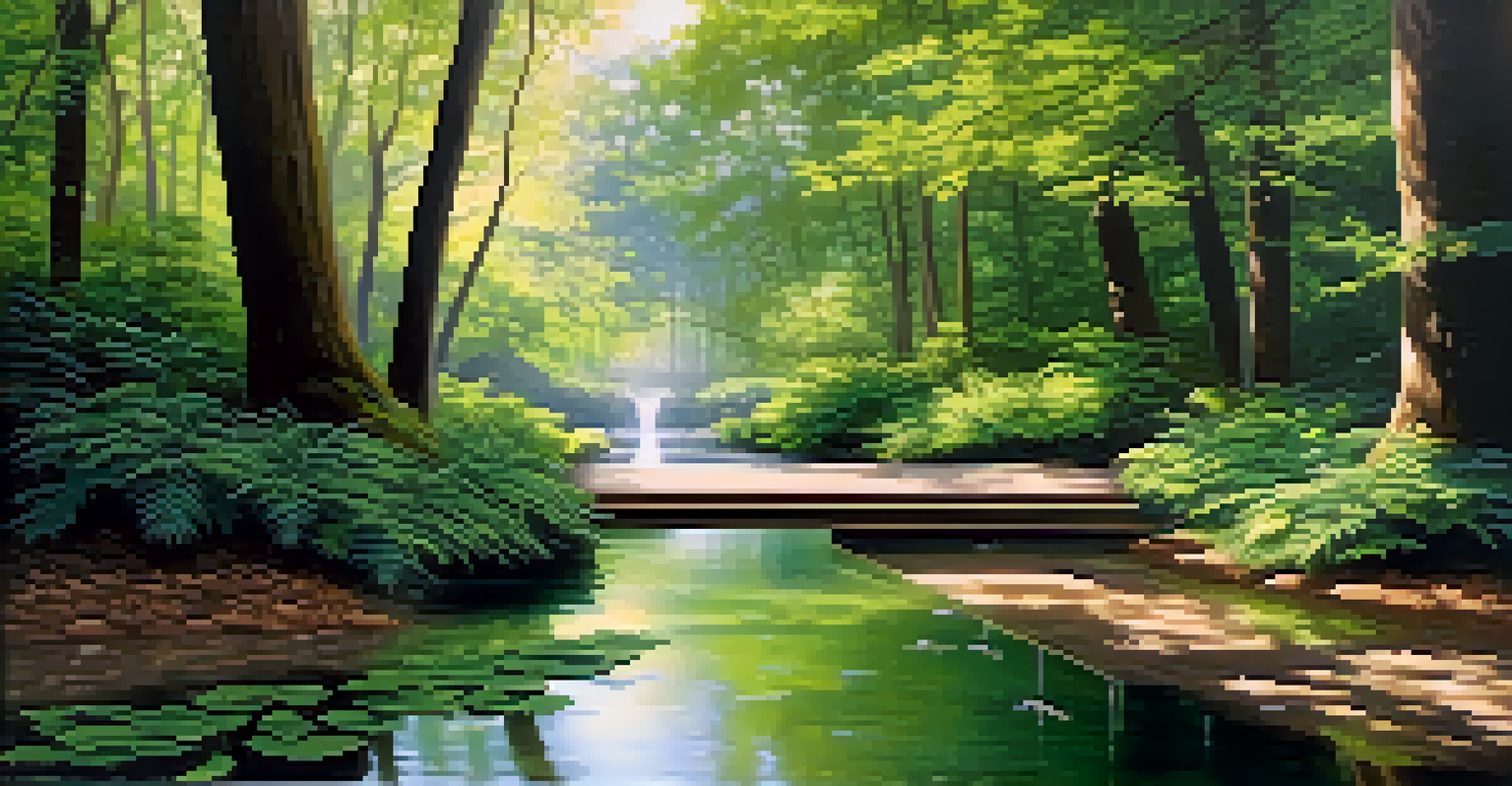 A tranquil forest installation with a pathway, greenery, flowing water, and soft light, creating a peaceful atmosphere.