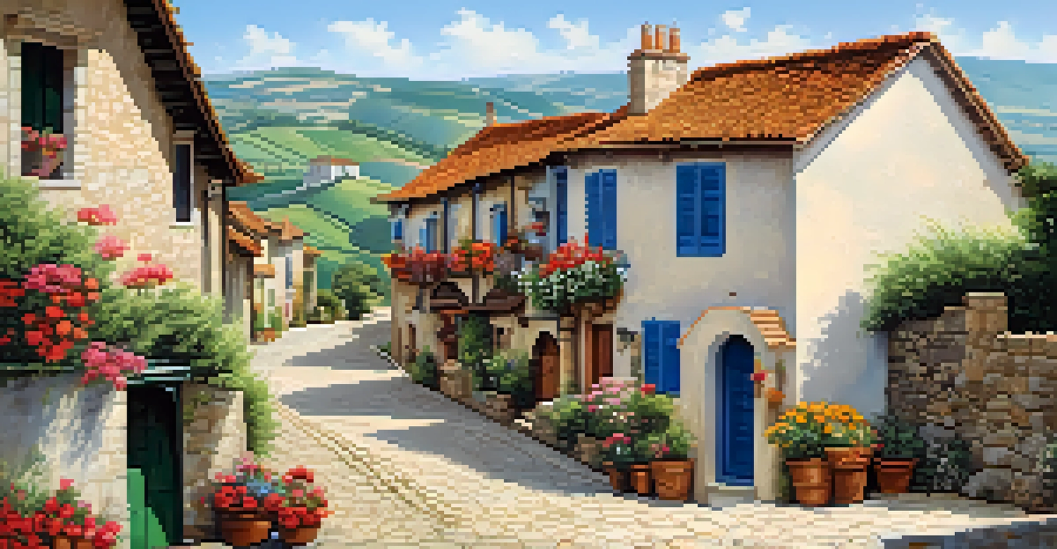 A landscape featuring a blend of traditional and modern architecture in a beautiful village setting.