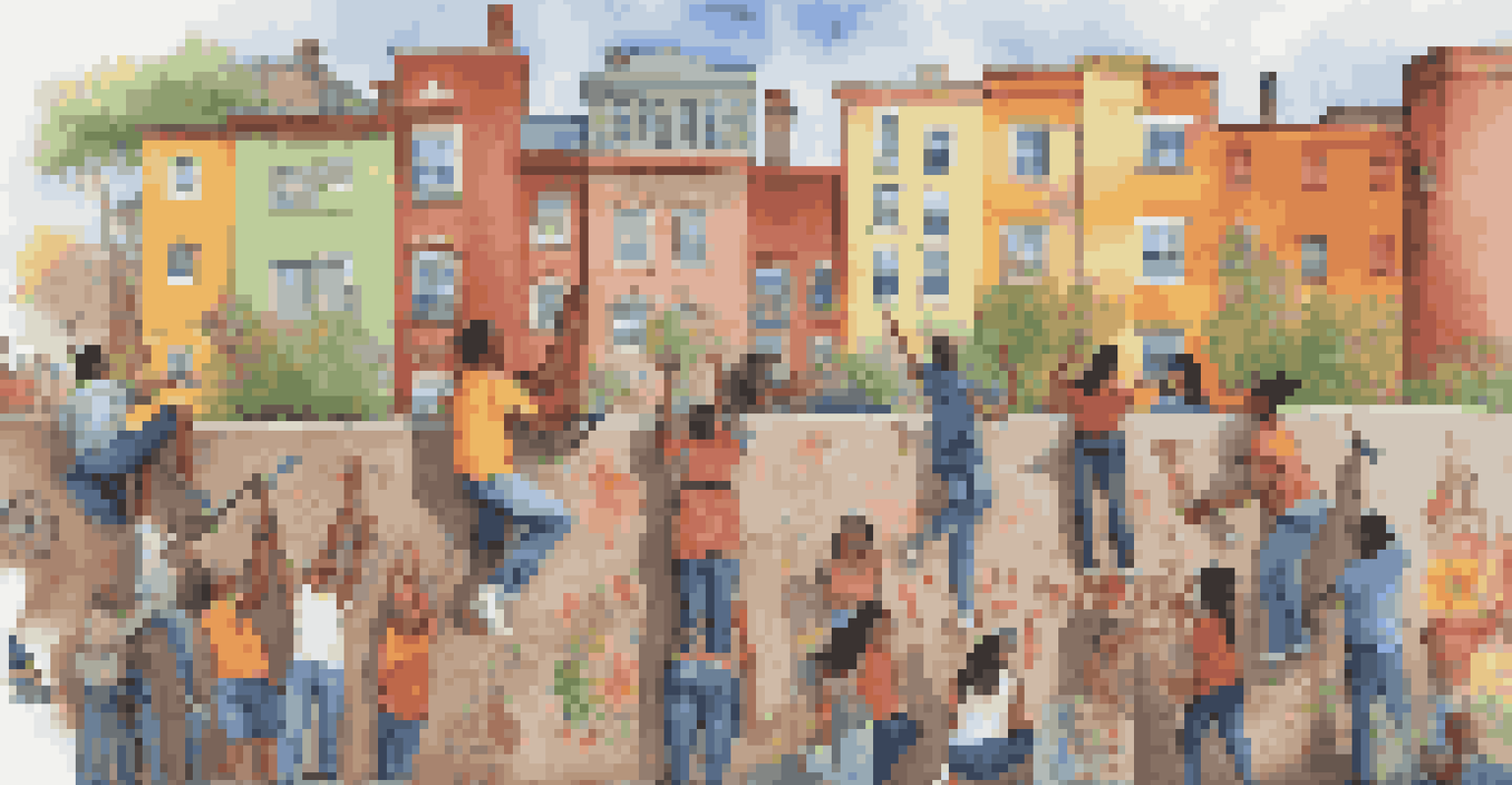 A diverse group of people painting a colorful mural together on an outdoor wall.