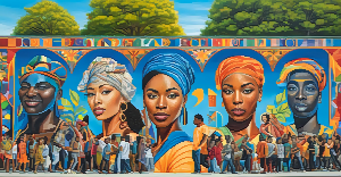 A colorful mural featuring diverse individuals celebrating their identities, set against a bright blue sky.
