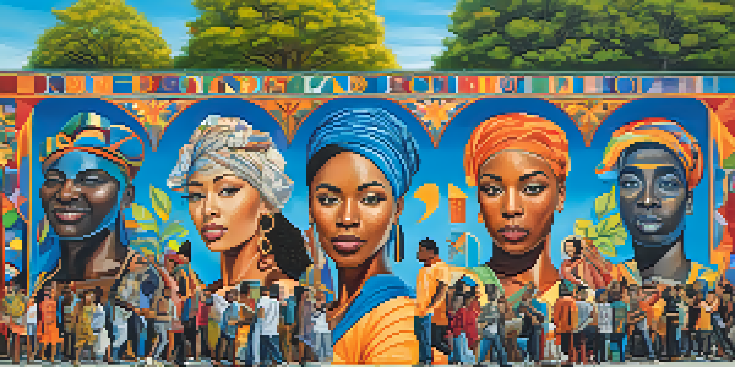 A colorful mural featuring diverse individuals celebrating their identities, set against a bright blue sky.