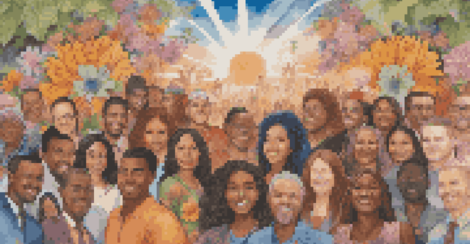 A colorful mural showcasing diverse individuals advocating for social justice, with flowers and uplifting phrases in the background.