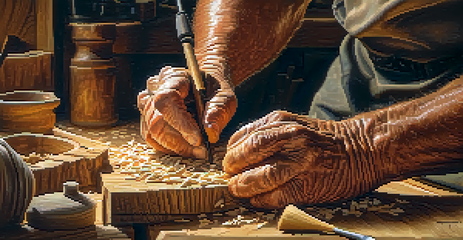 A close-up of an elderly man's hands carving wood in his workshop, showcasing the details and craftsmanship involved in the process.