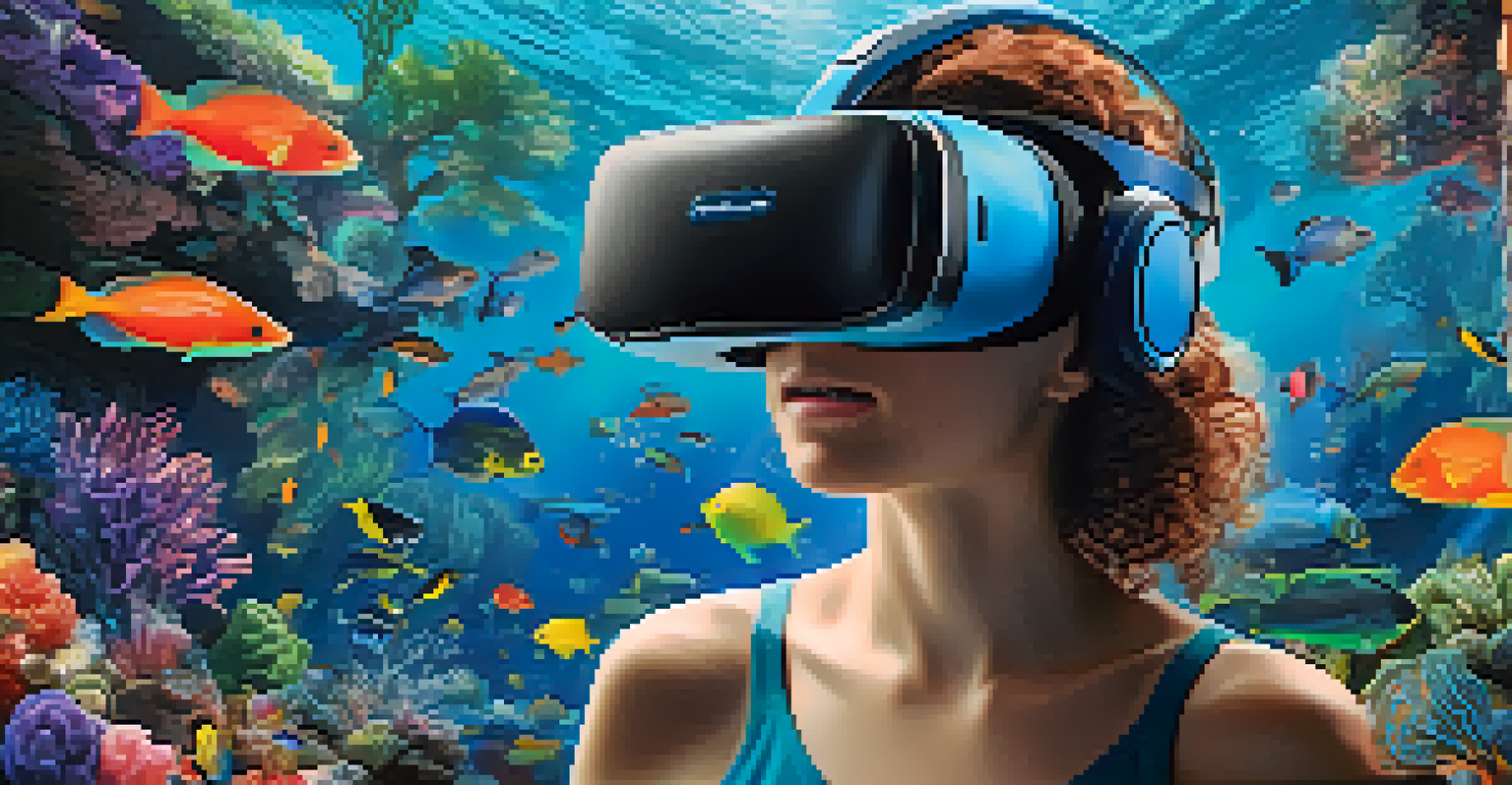 A person wearing a virtual reality headset, exploring a colorful coral reef filled with fish and marine life.