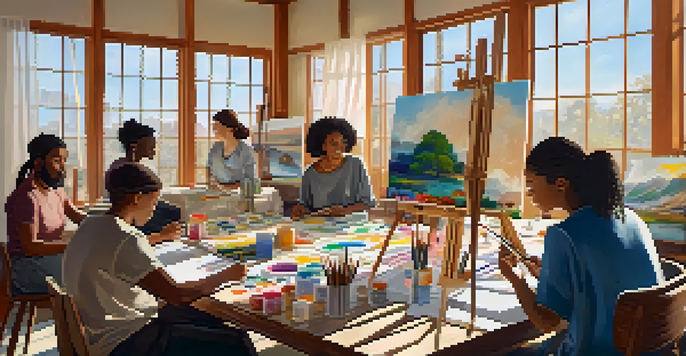 A group of diverse individuals engaged in an art therapy session, painting in a bright room filled with artwork and natural light.