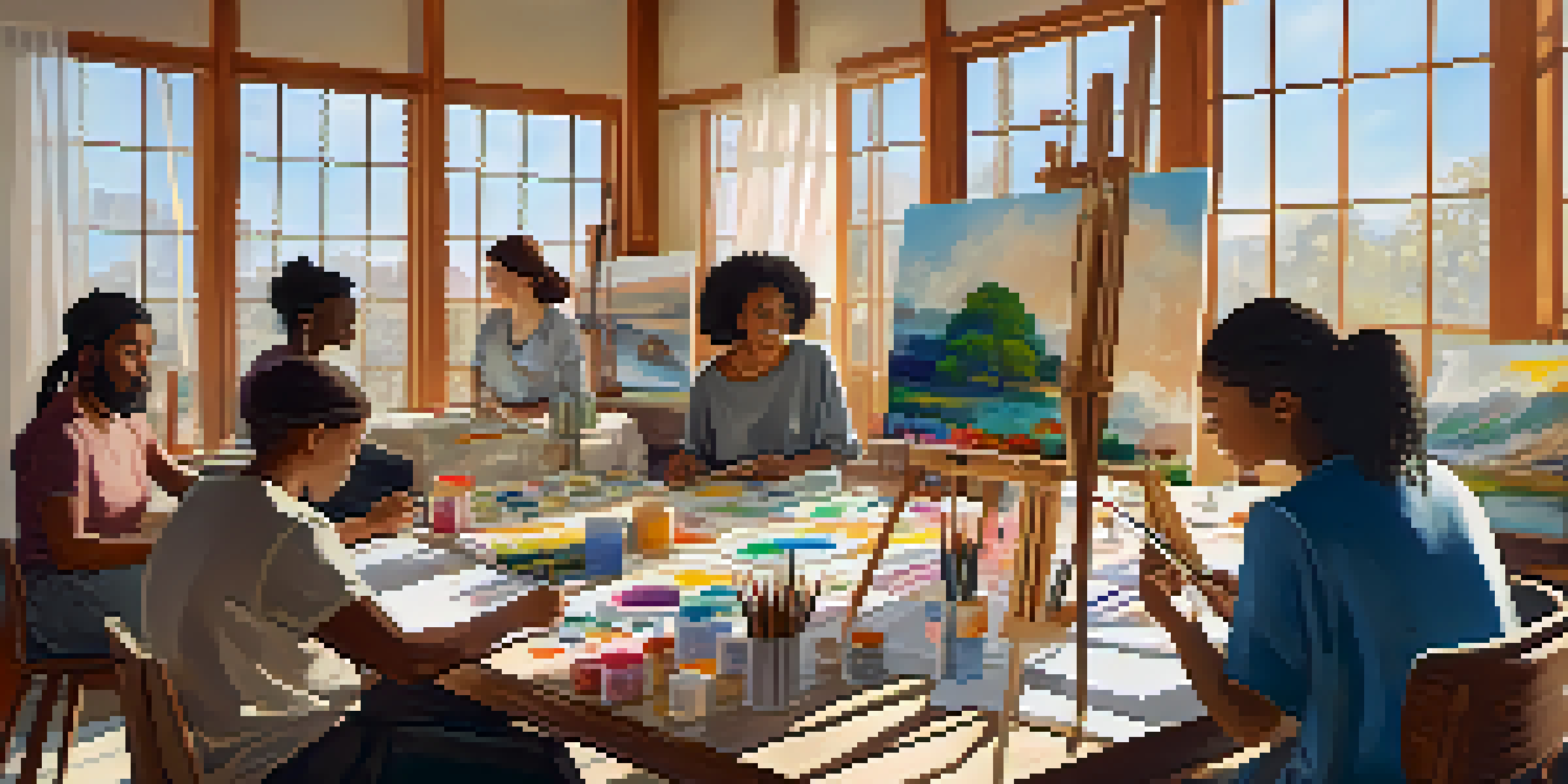 A group of diverse individuals engaged in an art therapy session, painting in a bright room filled with artwork and natural light.