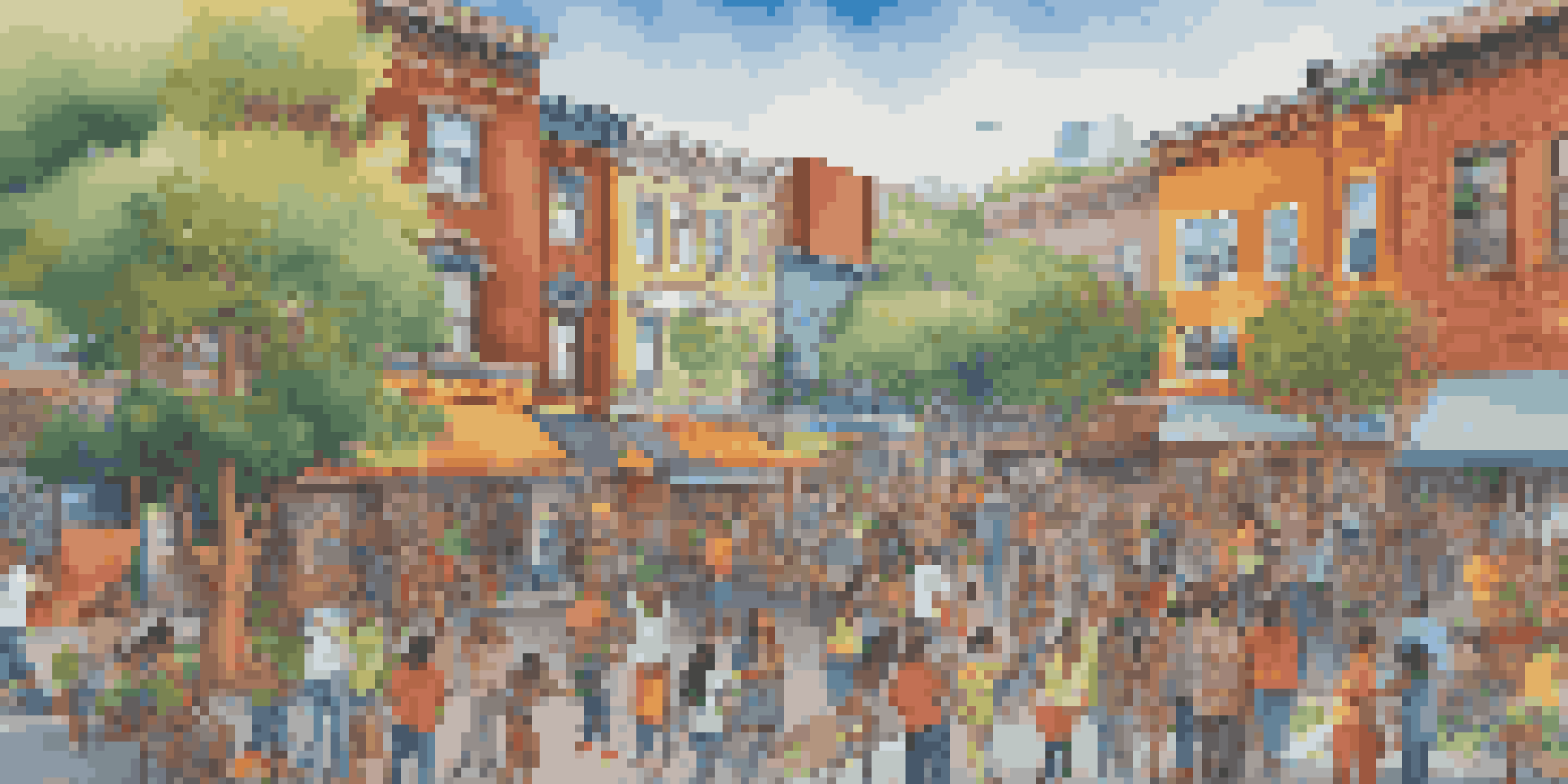 A diverse group of people working together to paint a large mural that showcases various cultural symbols and patterns in a bright urban setting.