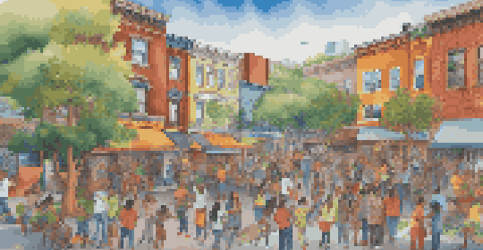 A diverse group of people working together to paint a large mural that showcases various cultural symbols and patterns in a bright urban setting.