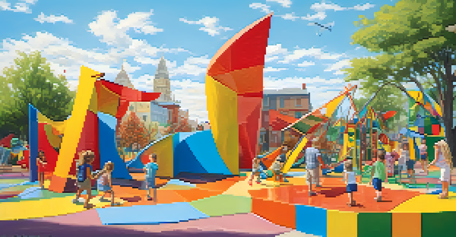 Children playing in an artistic outdoor playground with large, colorful sculptures made from different materials.