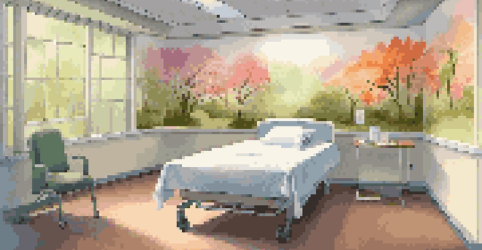 A peaceful hospital room with colorful nature murals and a comfortable bed, featuring an art station.