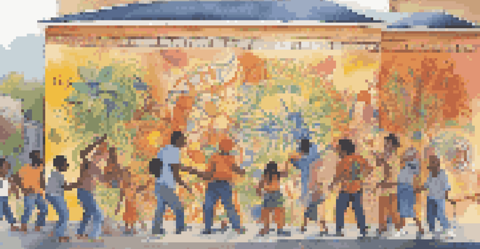 A colorful community mural with diverse individuals collaborating on the artwork under bright sunlight.