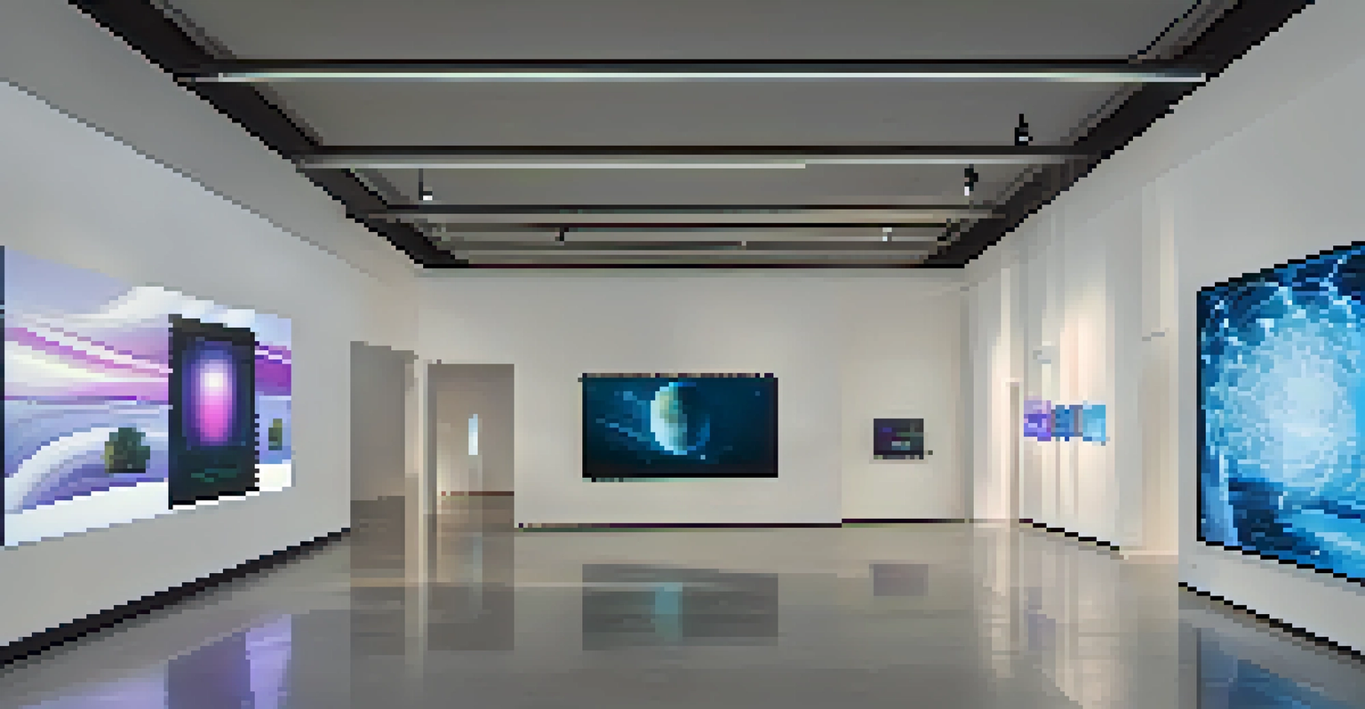 A modern gallery with an interactive digital art installation, featuring screens that blend traditional and contemporary art styles.