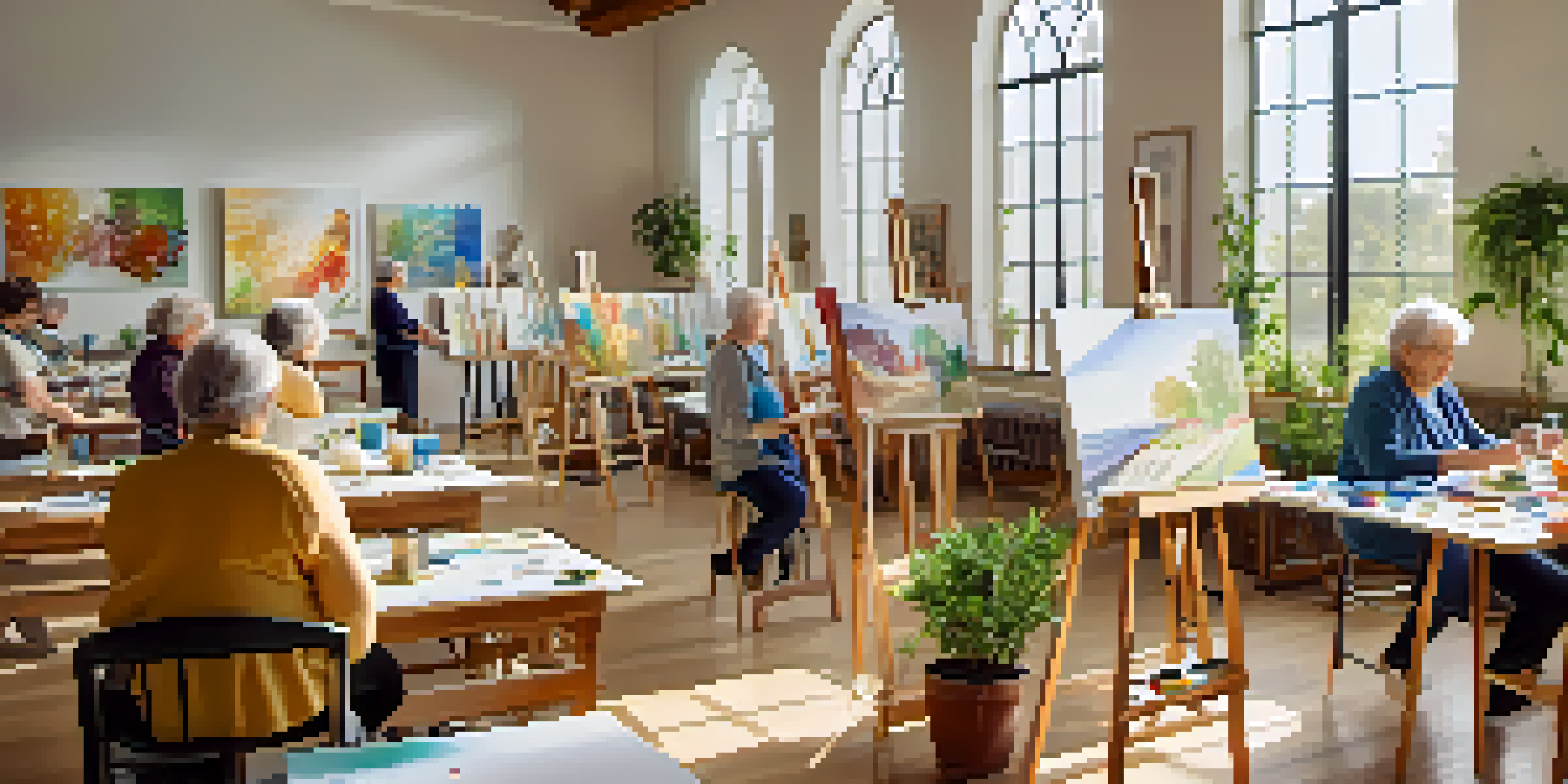 A bright and spacious art class with seniors painting, sculpting, and showcasing their colorful artworks, illuminated by natural light.