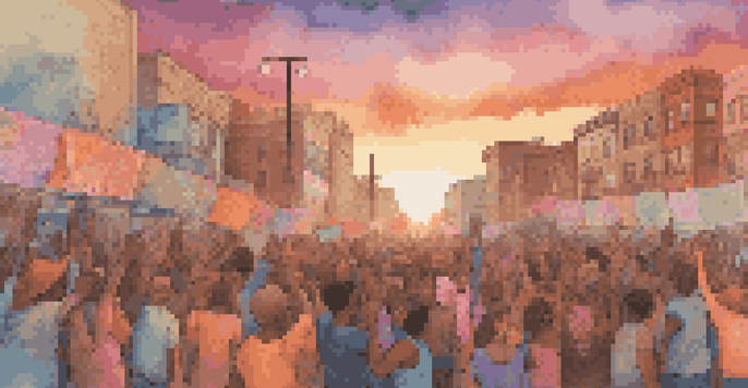 A mural showing diverse individuals in a peaceful protest with colorful banners, set against a sunset cityscape.