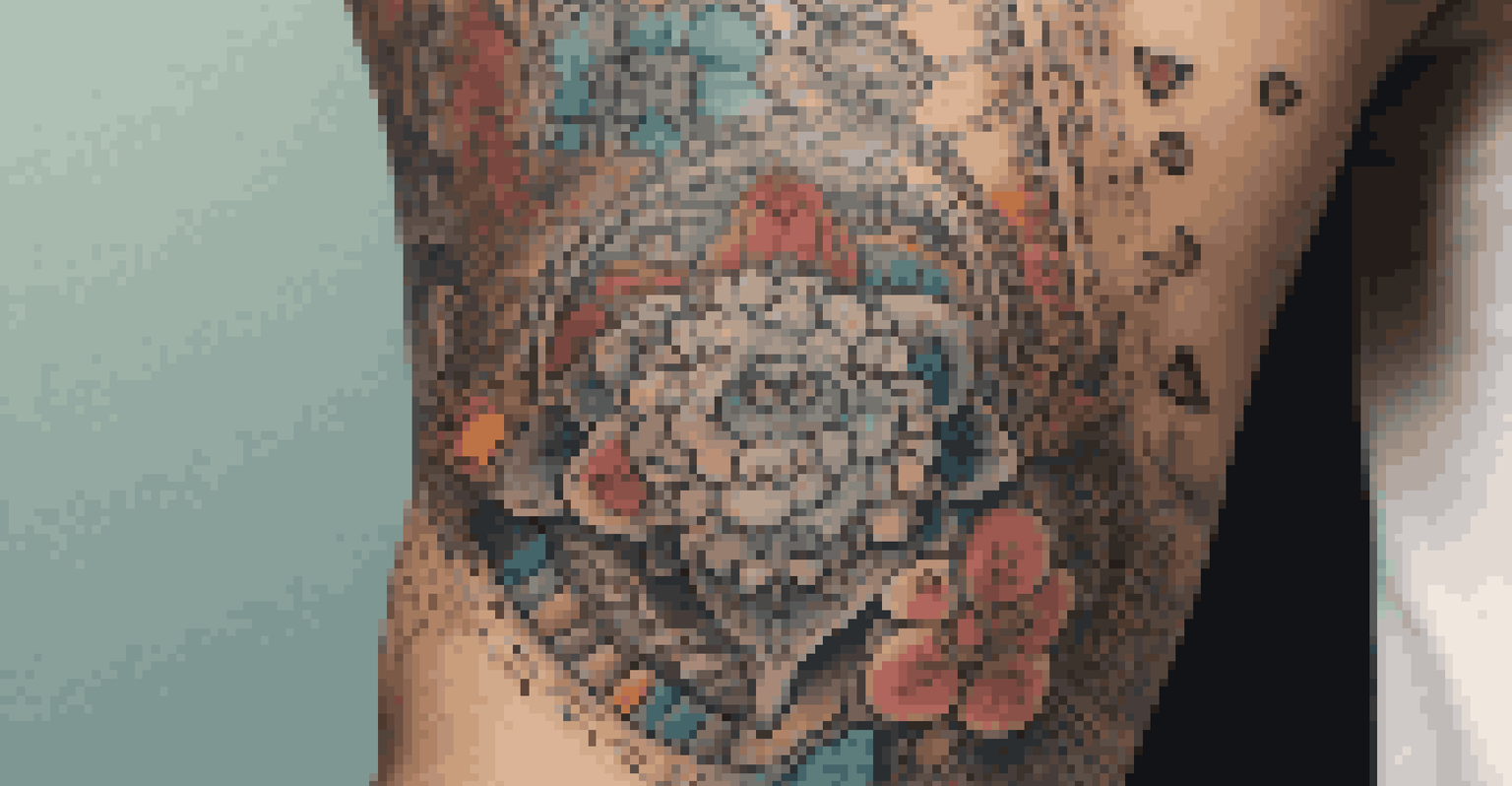 A close-up of a tattooed arm, showcasing intricate tattoos that signify personal stories and cultural heritage, illuminated by soft natural light.