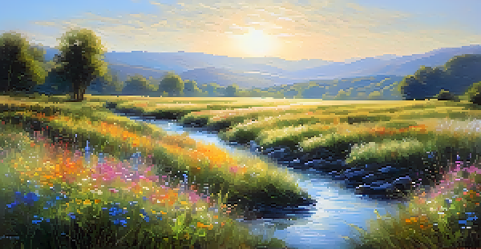 A bright Impressionist landscape with wildflowers, a stream, and distant hills under a blue sky.