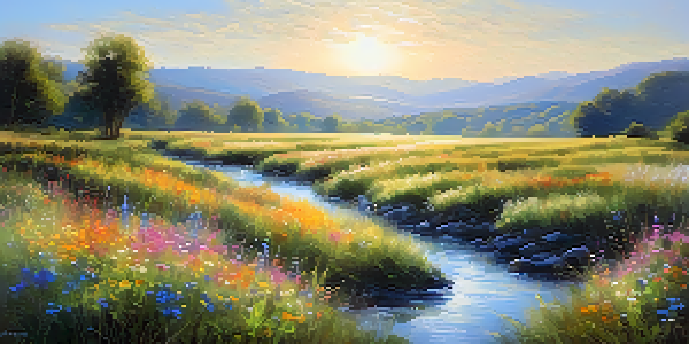 A bright Impressionist landscape with wildflowers, a stream, and distant hills under a blue sky.