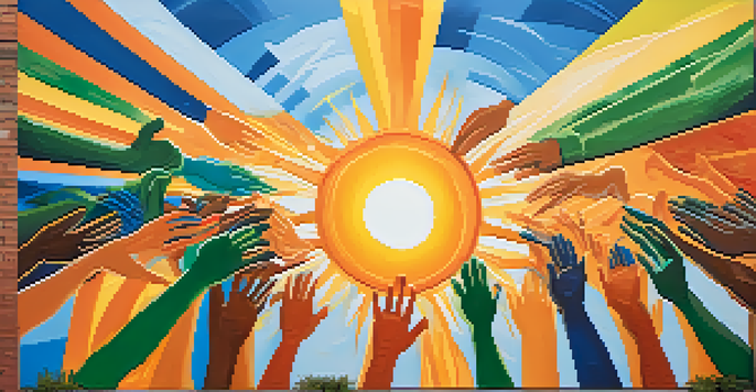 A colorful mural showing diverse hands reaching towards a glowing sun, symbolizing unity and hope in an urban setting.