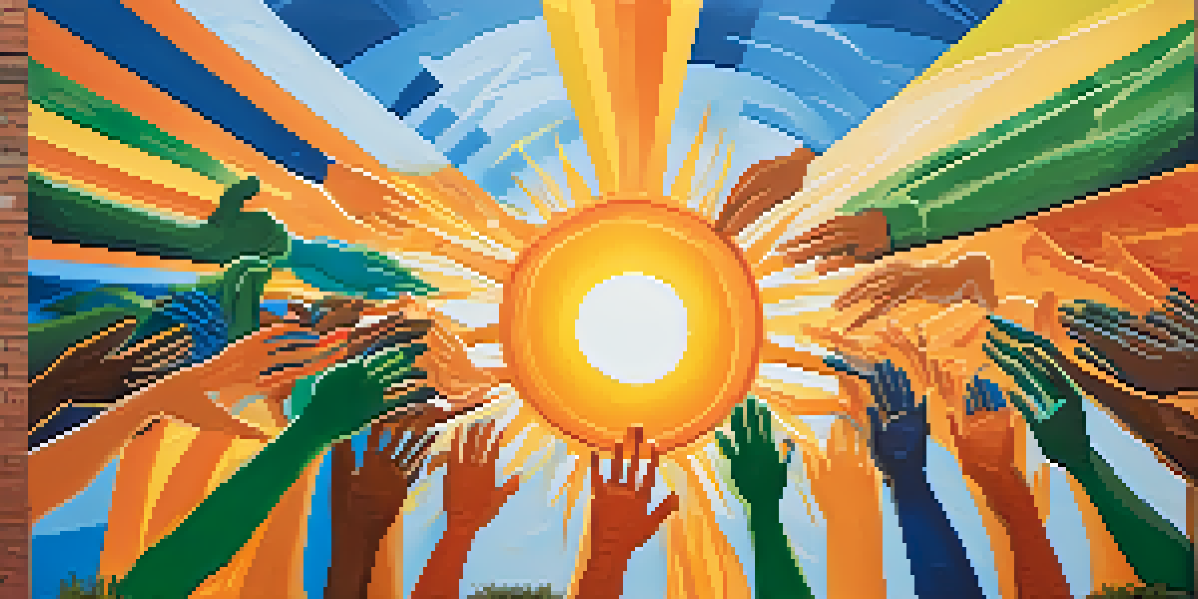 A colorful mural showing diverse hands reaching towards a glowing sun, symbolizing unity and hope in an urban setting.