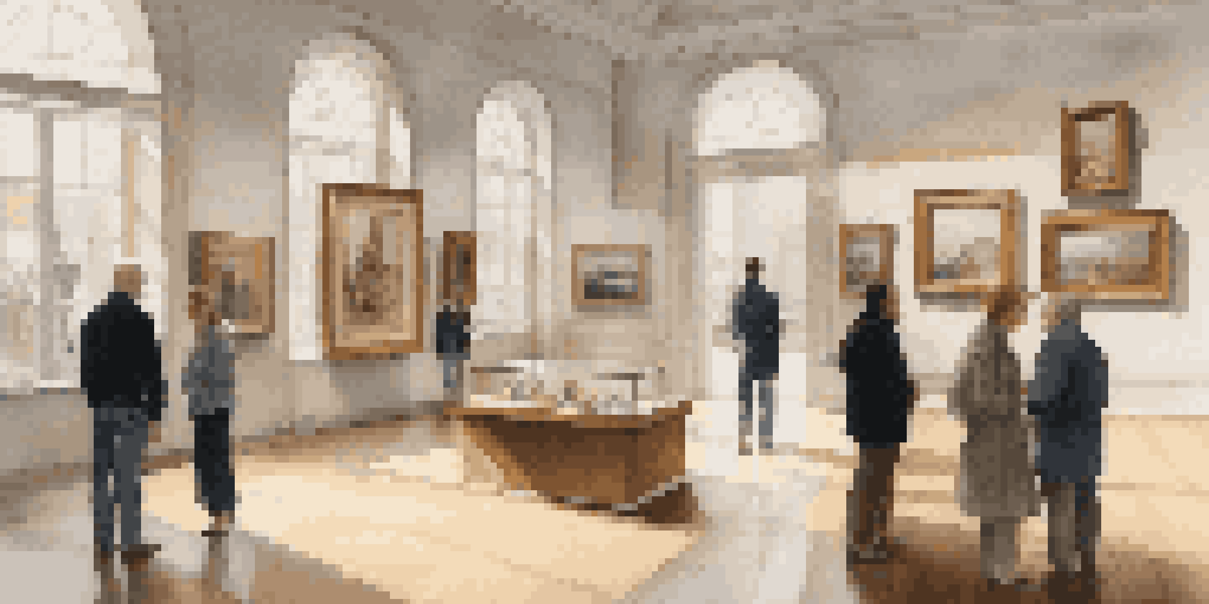An elegant art gallery filled with framed artworks and visitors discussing art.