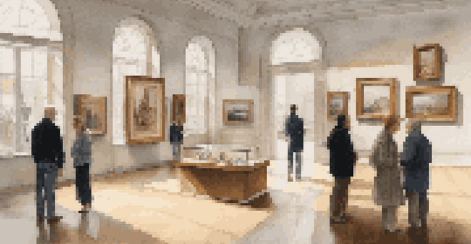An elegant art gallery filled with framed artworks and visitors discussing art.