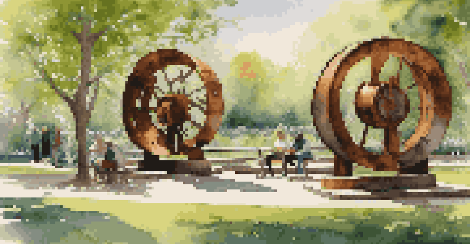 An outdoor art installation with rusted metal clock sculptures in a green park, surrounded by flowers and trees.