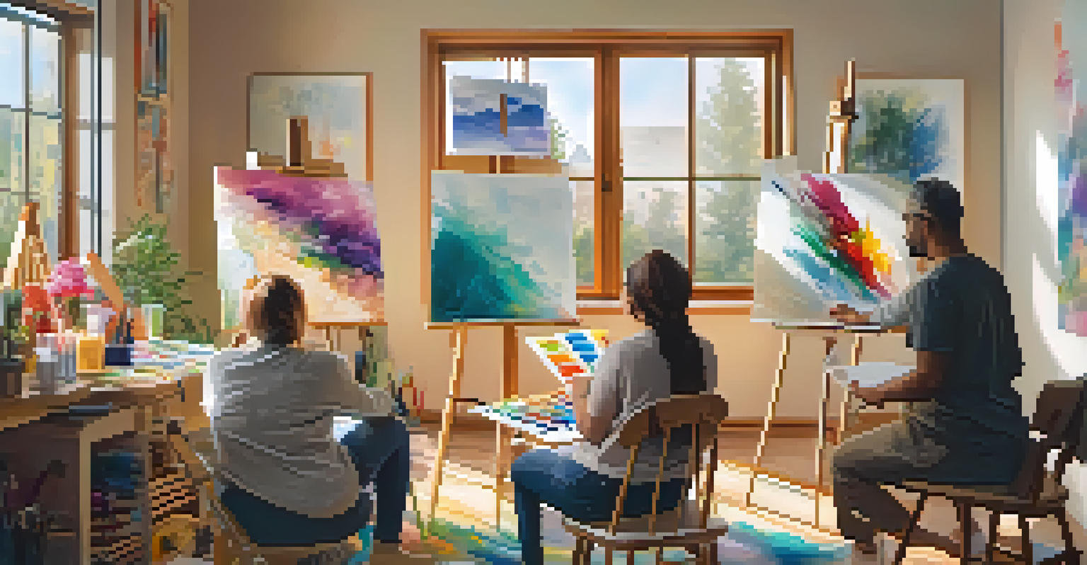 A warm art therapy session with diverse individuals creating art in a cozy, well-lit room filled with supplies.