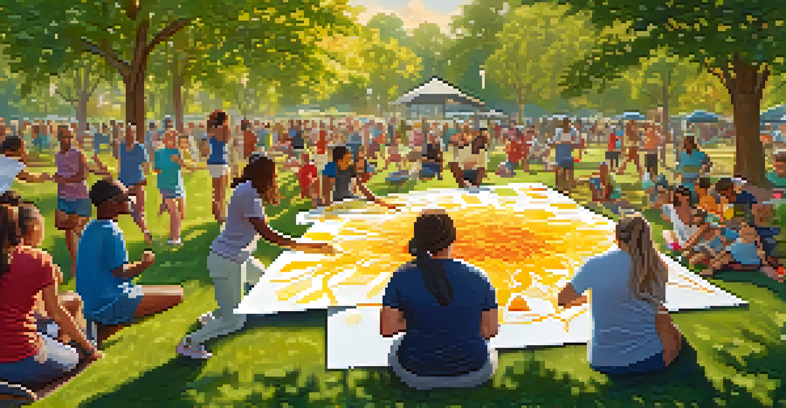 People of various backgrounds painting together in a park, with a canvas showing abstract healthy habits under dappled sunlight.