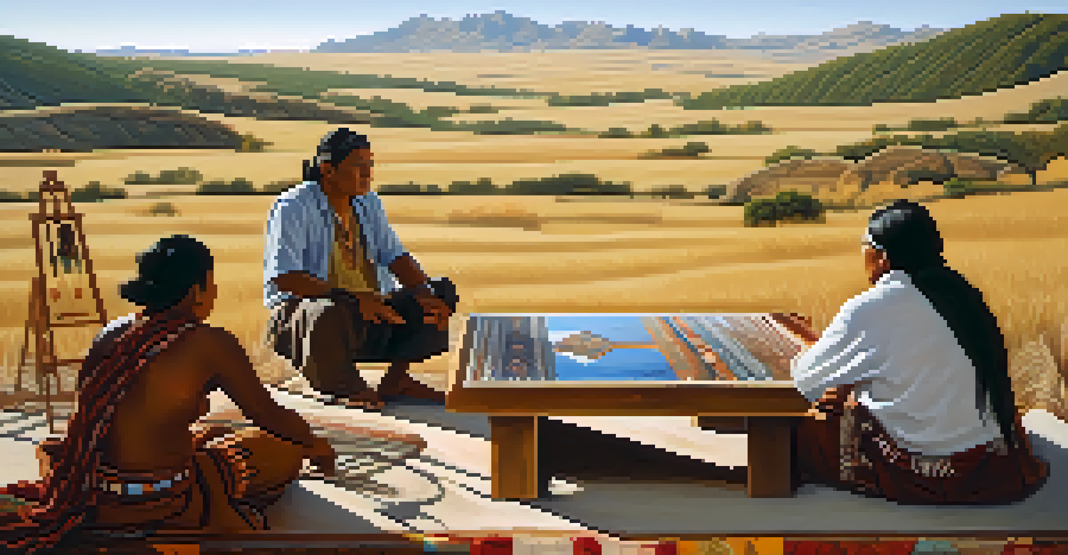 A group of Indigenous artists collaborating on a large canvas in a beautiful outdoor setting, blending traditional and modern art styles.