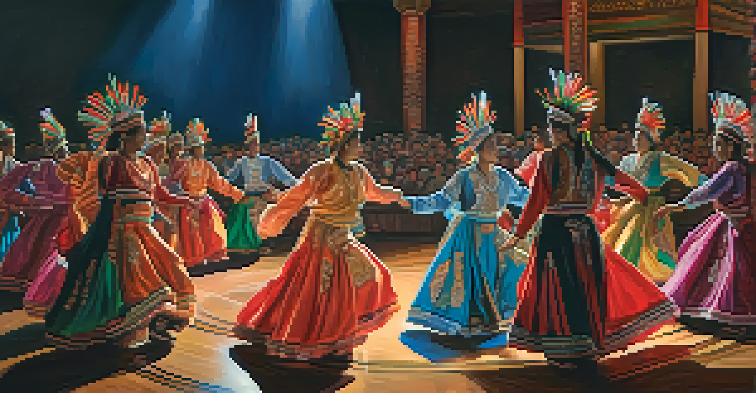 Traditional dancers in colorful costumes performing on stage with an engaged audience in a warm-lit setting.