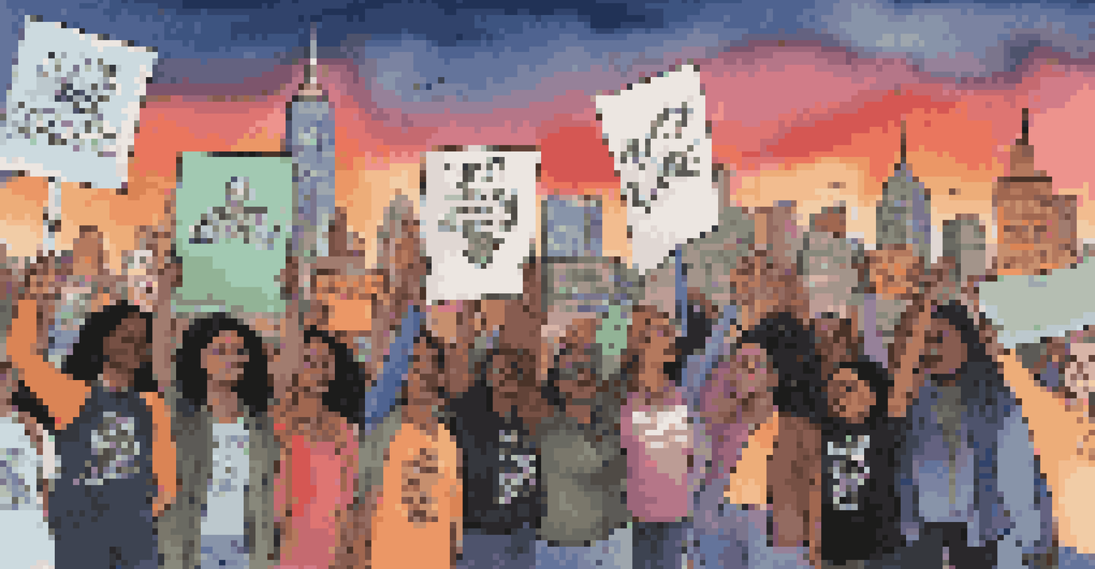 A digital illustration of activists holding signs with social justice hashtags against a vibrant city skyline at dusk.