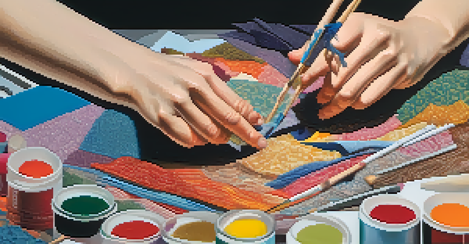 Close-up of an artist's hands creating a colorful collage with textured materials, illuminated by natural light.