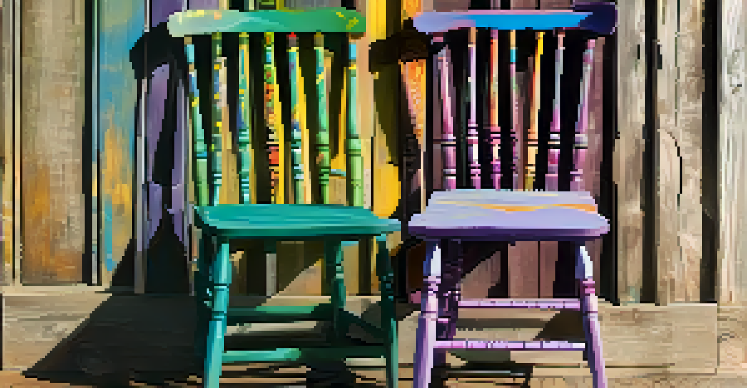 A vibrant, repurposed wooden chair with floral designs, showcasing eco-friendly paint against a rustic backdrop.