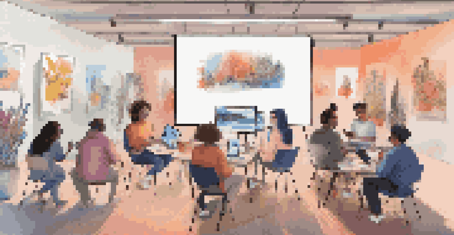 A cozy virtual art workshop with participants connecting on devices, sharing vibrant artworks in a collaborative digital environment.