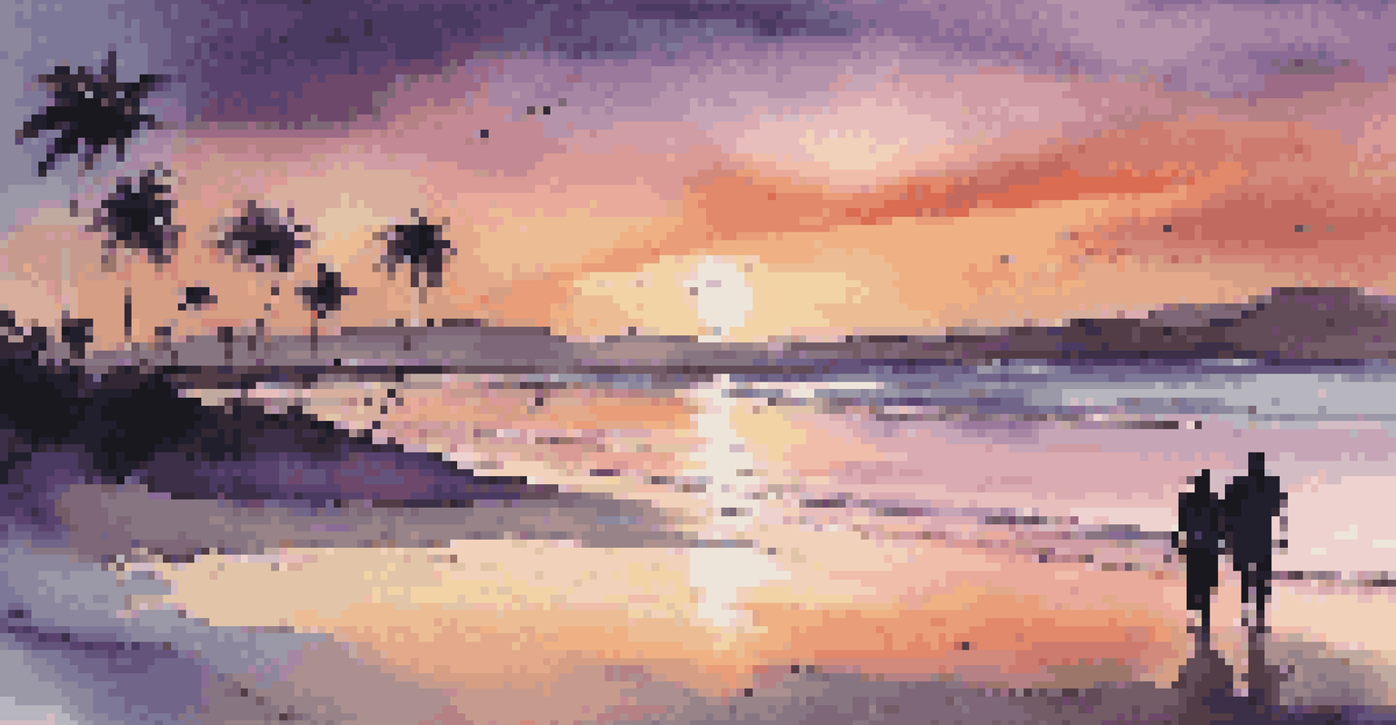 A stunning beach sunset with vibrant orange and pink colors in the sky, gentle waves on the shore, and a couple walking along the beach.