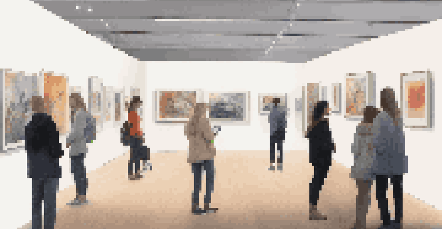 A digital gallery showcasing virtual art exhibitions with visitors using tablets to interact with the artwork.