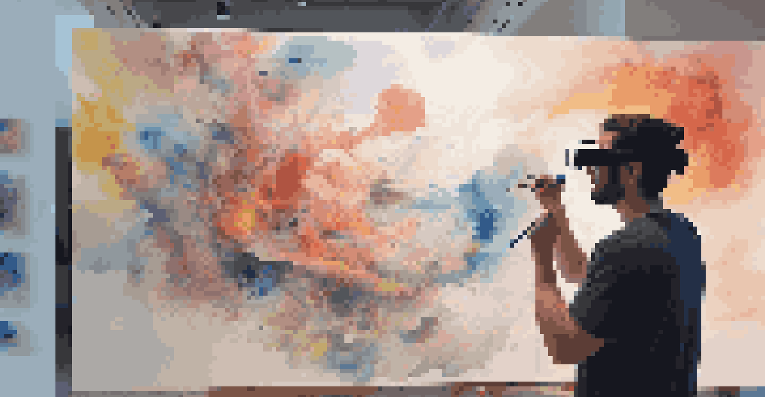 An artist wearing AR glasses, interacting with a large canvas displaying floating digital images.