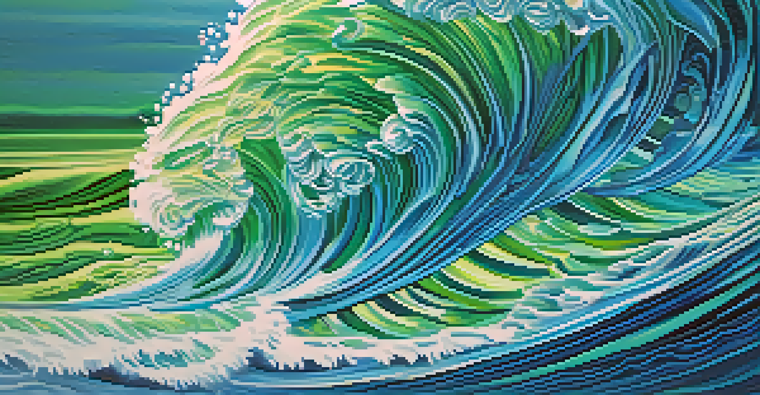 An abstract depiction of ocean waves with vibrant colors and swirling patterns, featuring silhouettes of fish.