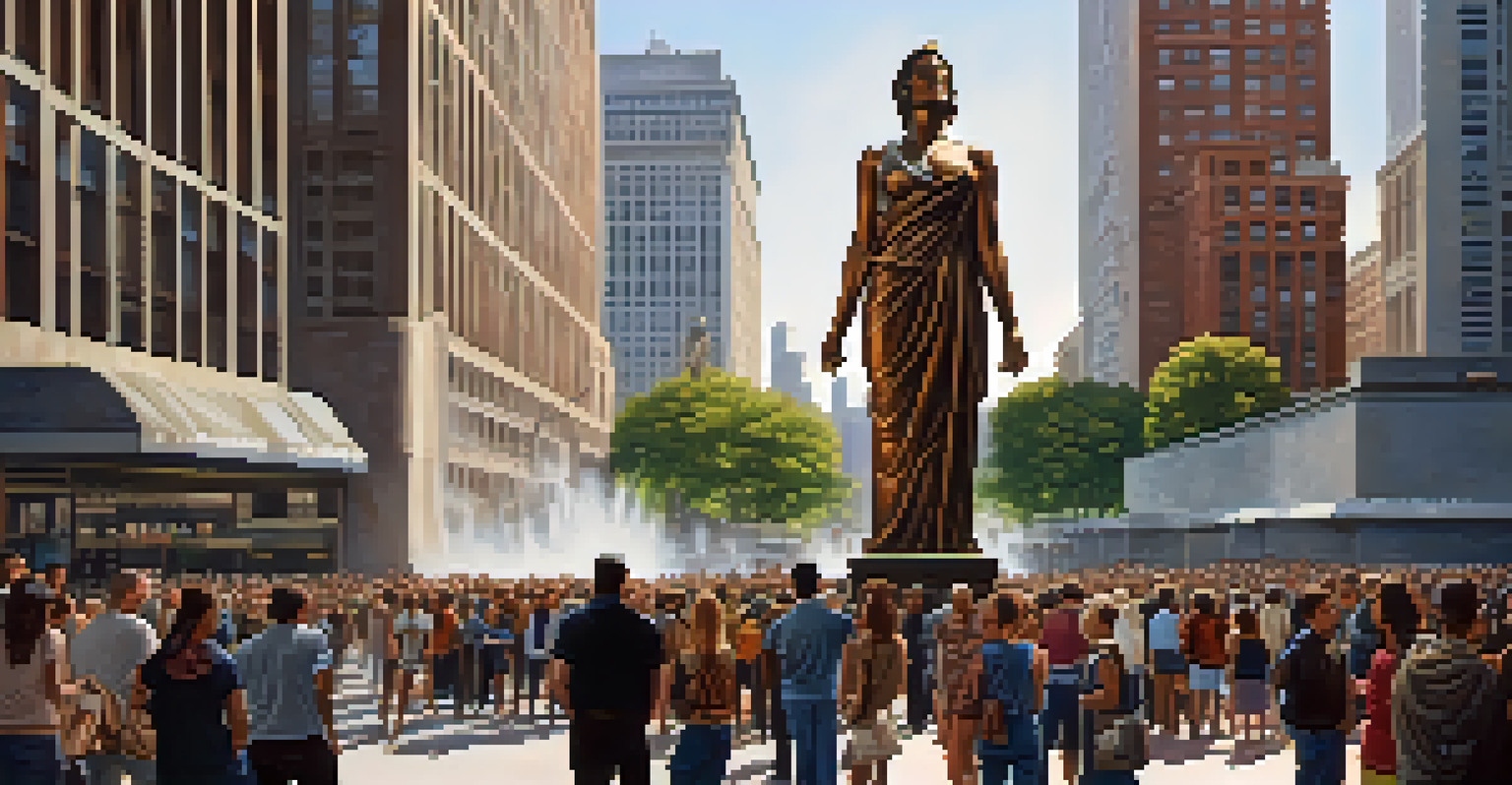 A giant bronze statue of a confident woman against urban skyscrapers, with a diverse crowd of people below engaging with the art.