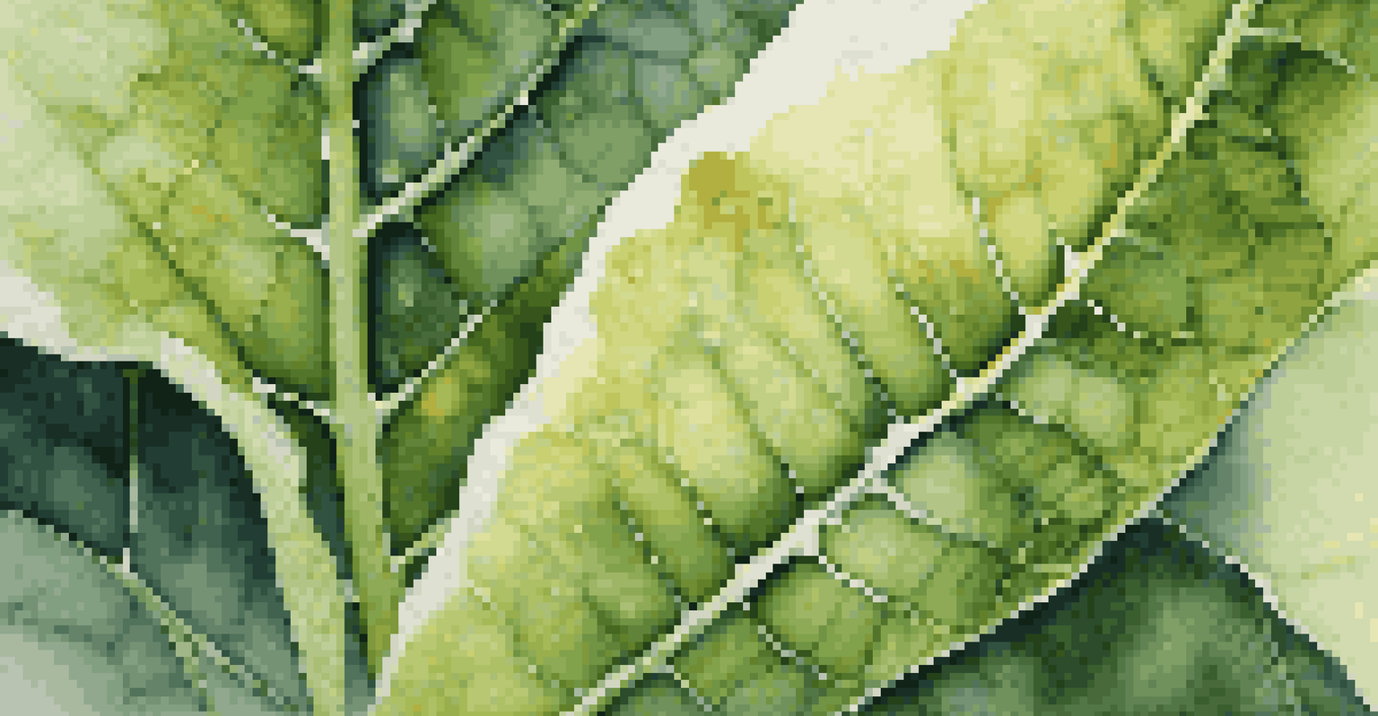 A close-up of textured green leaves illuminated by natural light with dew drops.