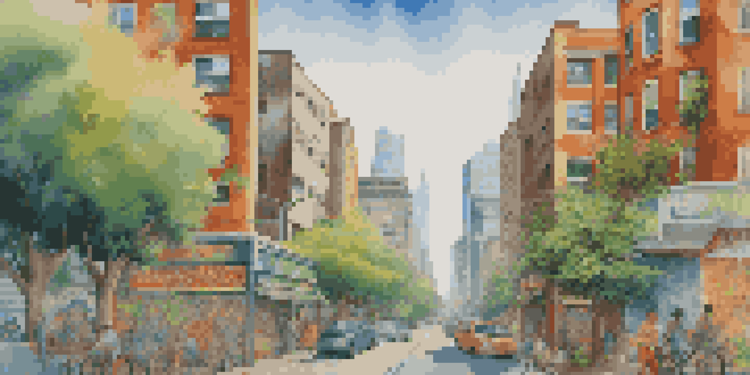 A colorful mural illustrating the change from a polluted city to a clean environment, featuring greenery and clear skies.